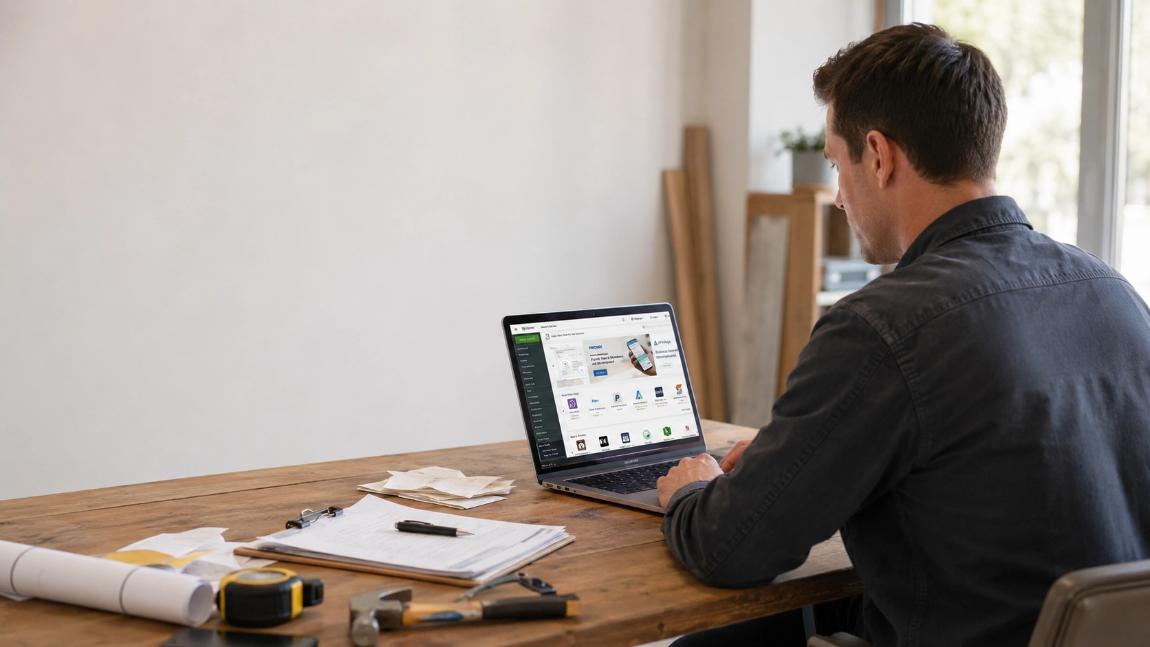 Construction business owner creating an invoice on a laptop