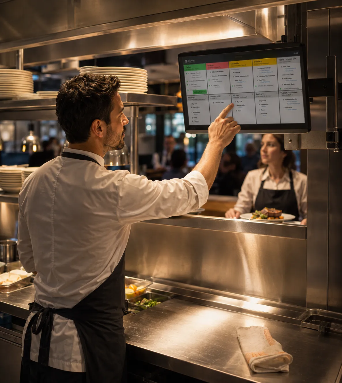 Restaurant kitchen staff coordinating orders with Clover KDS