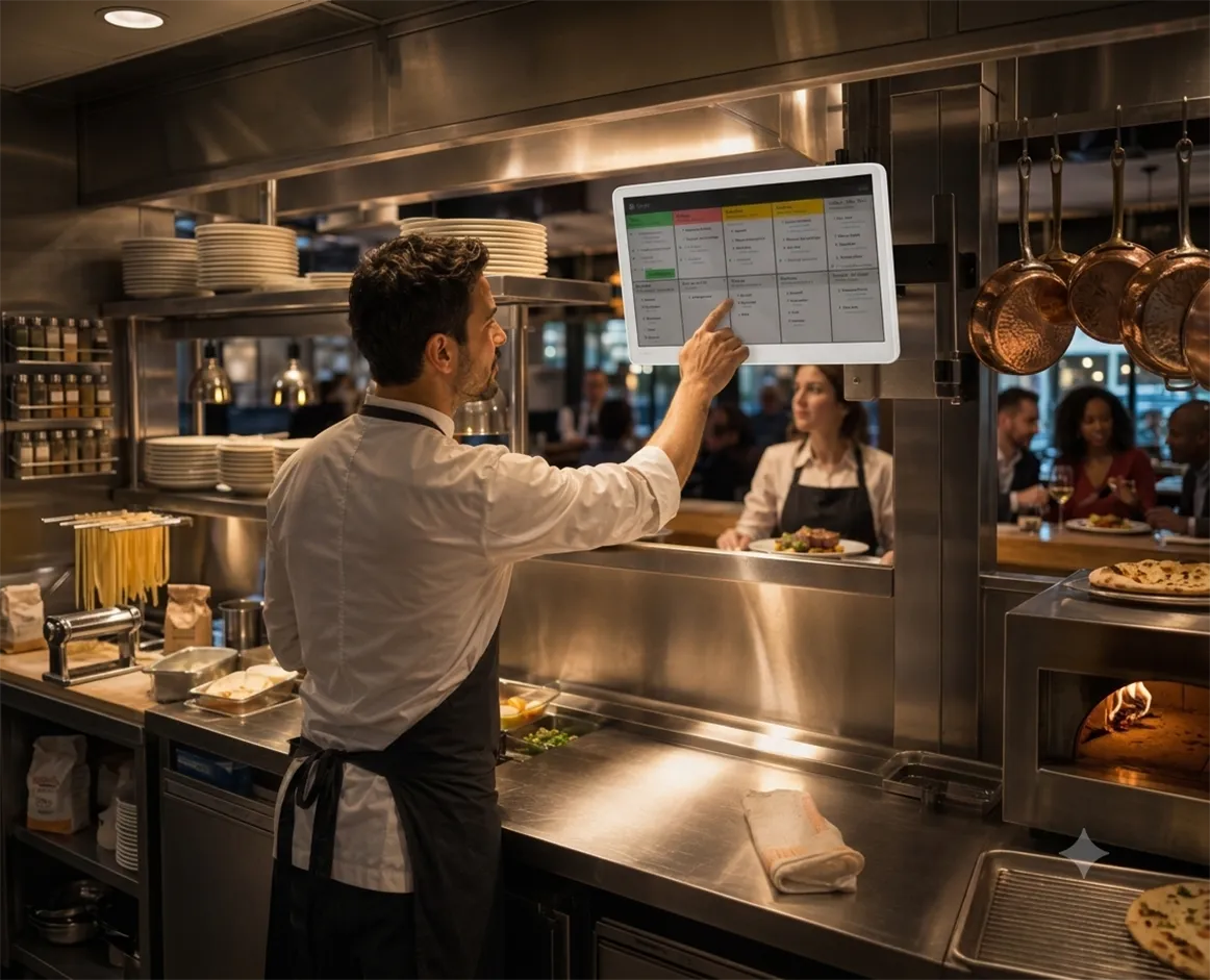 Restaurant expo station using a kitchen display to coordinate completed orders