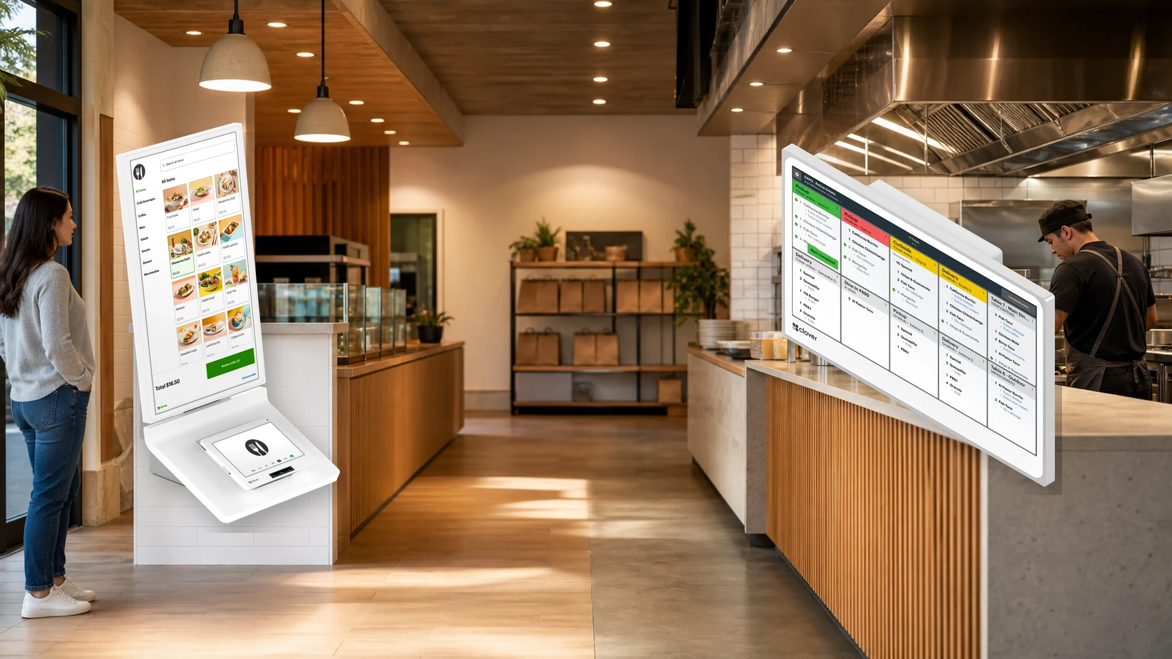 Customer ordering at a Clover Kiosk connected to a Clover Kitchen Display System