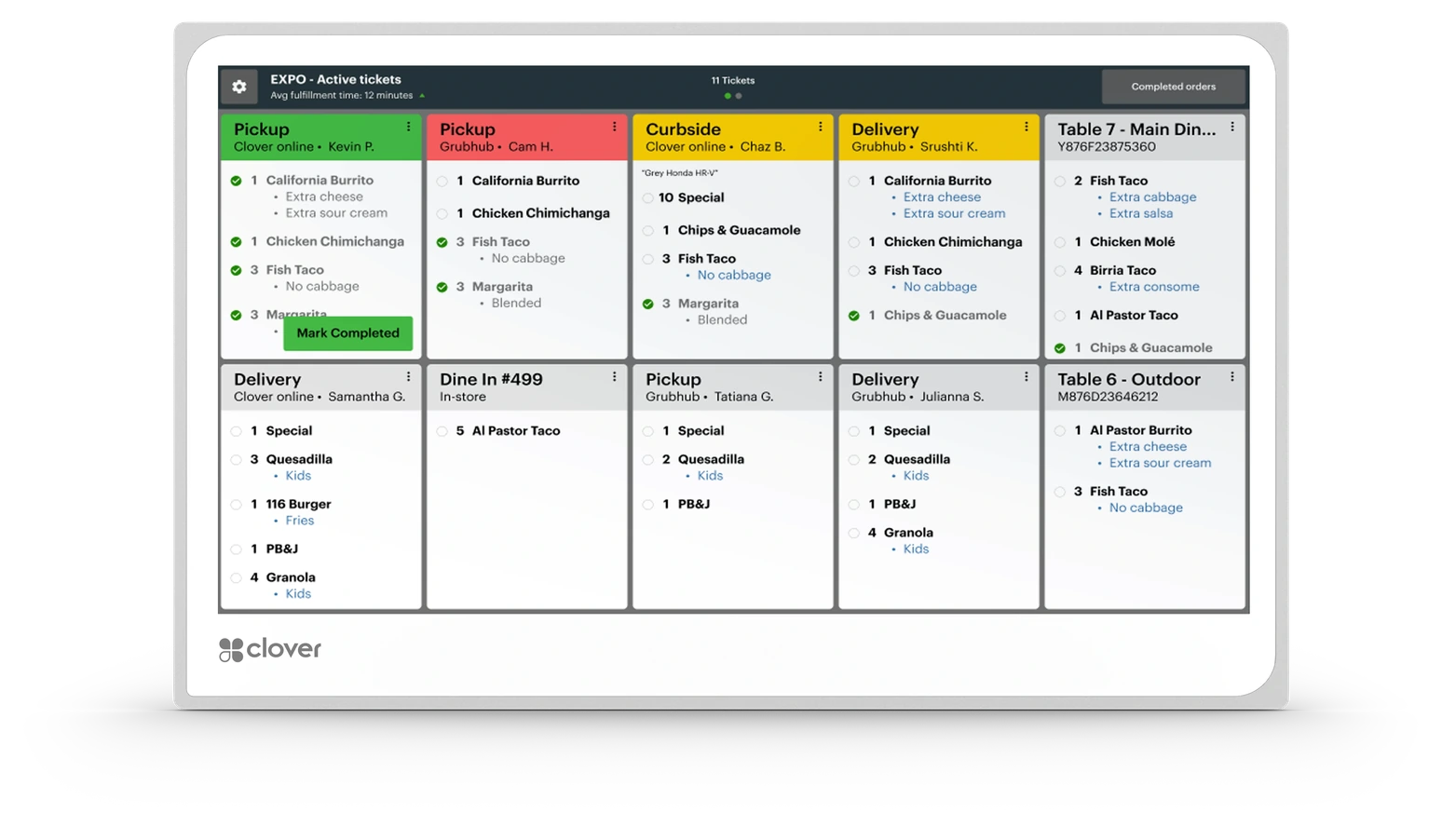 Clover Kitchen Display System showing restaurant orders on one screen