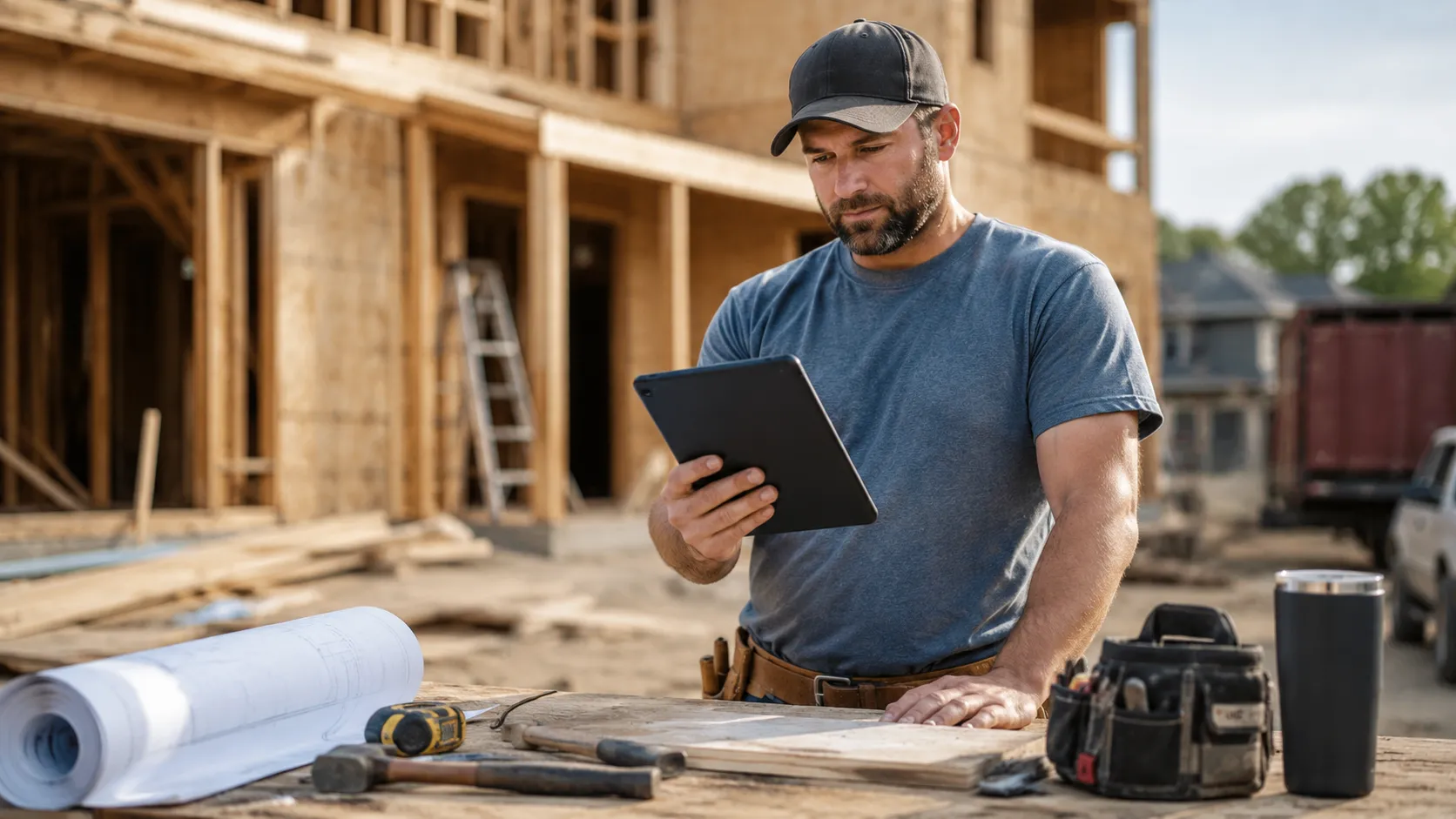 Construction contractor accepting a remote payment on a tablet