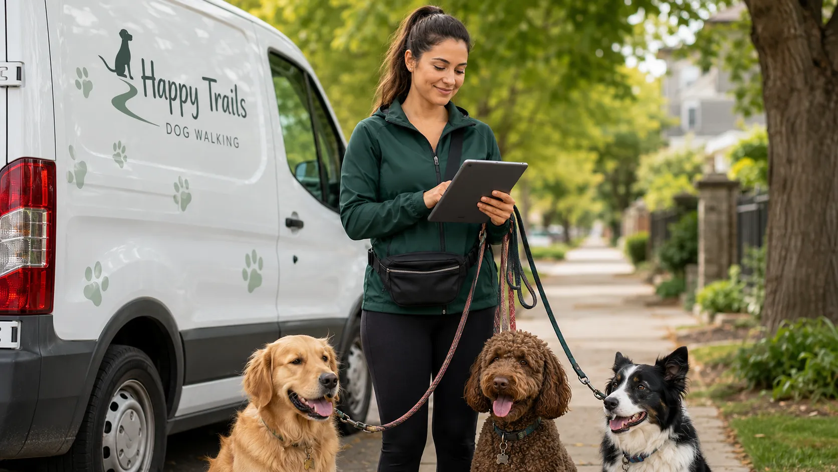 Dog walking professional accepting a remote payment on a tablet